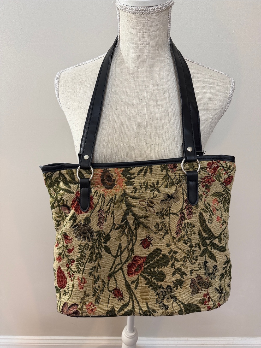Urban Outfitters Beige Floral Tapestry Tote with Black Straps